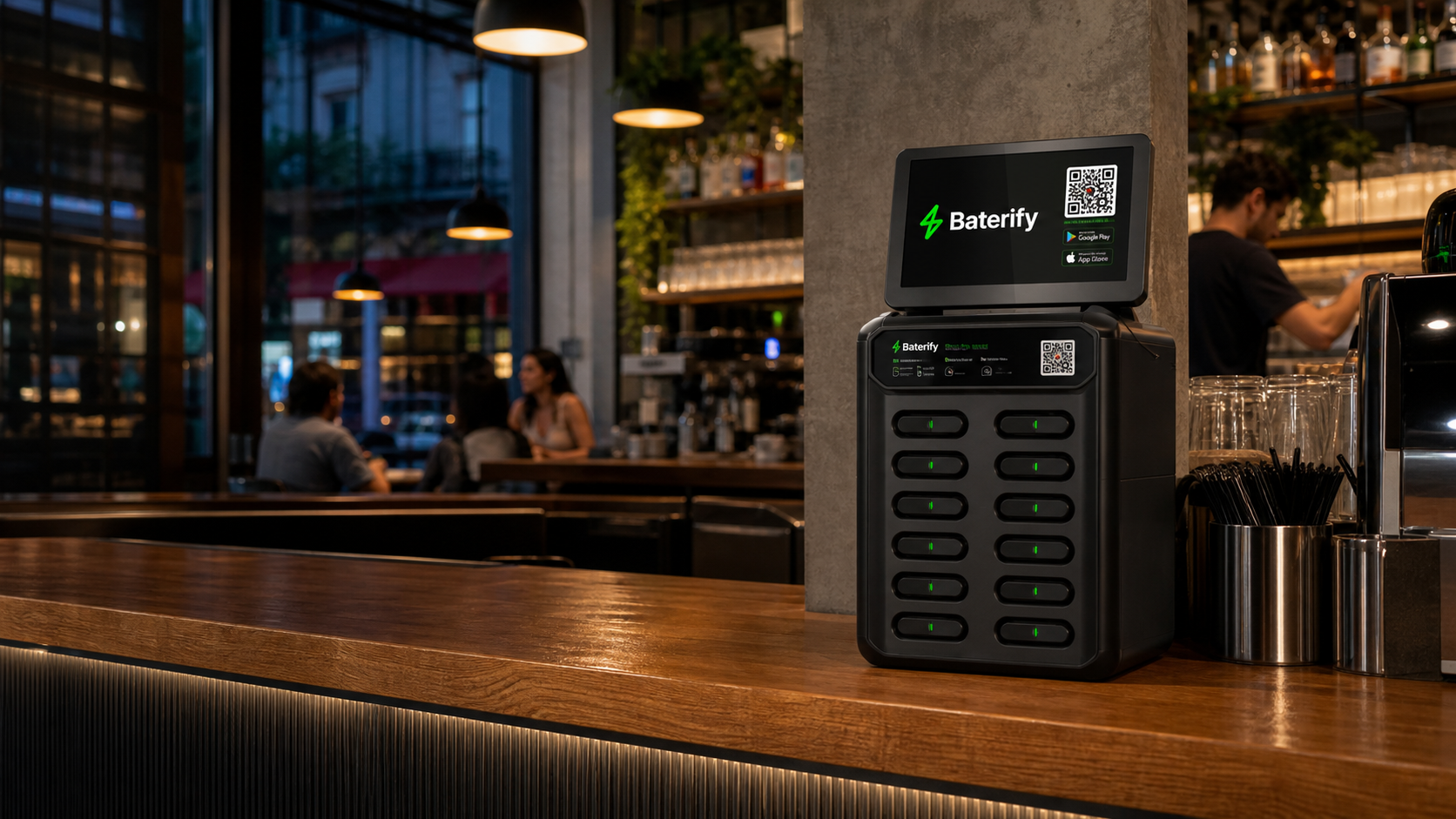 Estación Baterify instalada en un café bar